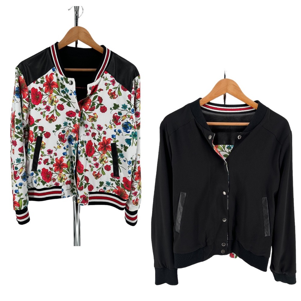Olivia Culpo x Le Tote Reversible Bomber Jacket Floral Print Faux Leather size L